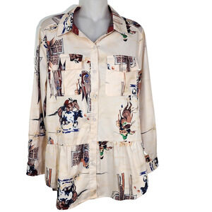 Misslook Blouse Womens Medium Western Button Peplum Equestrian Long Sleeve Flipp